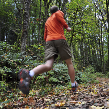A mature man trail running in the woods.